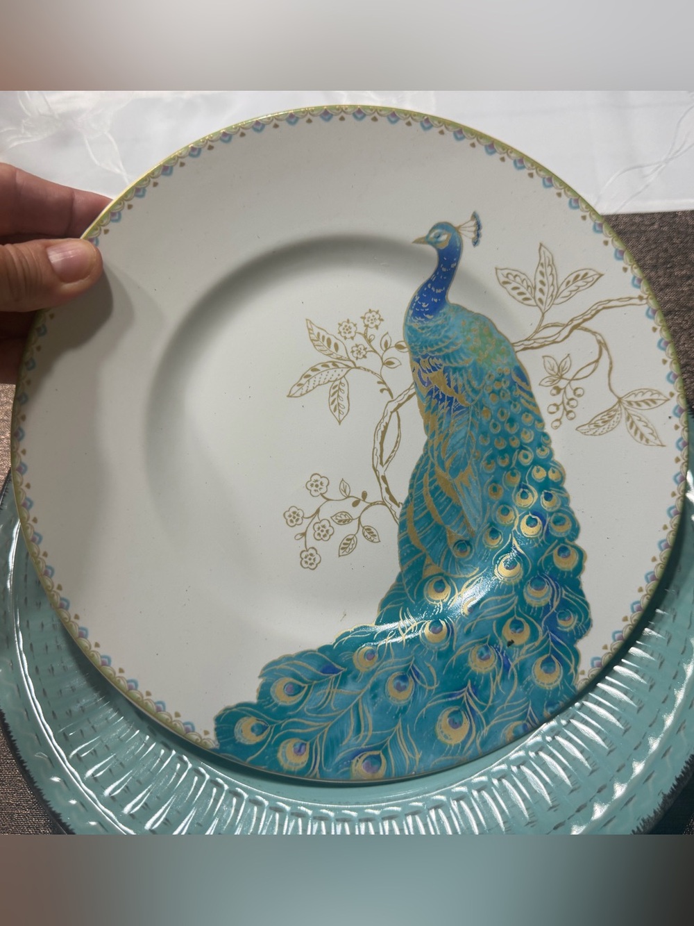 A set of six 222 Fifth Peacock Garden fine porcelain plates.